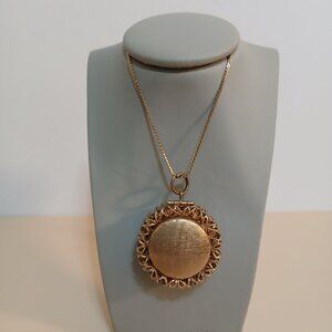 Vintage Double Photo Locket Pendant - Round with Fillagree Accents & Chain